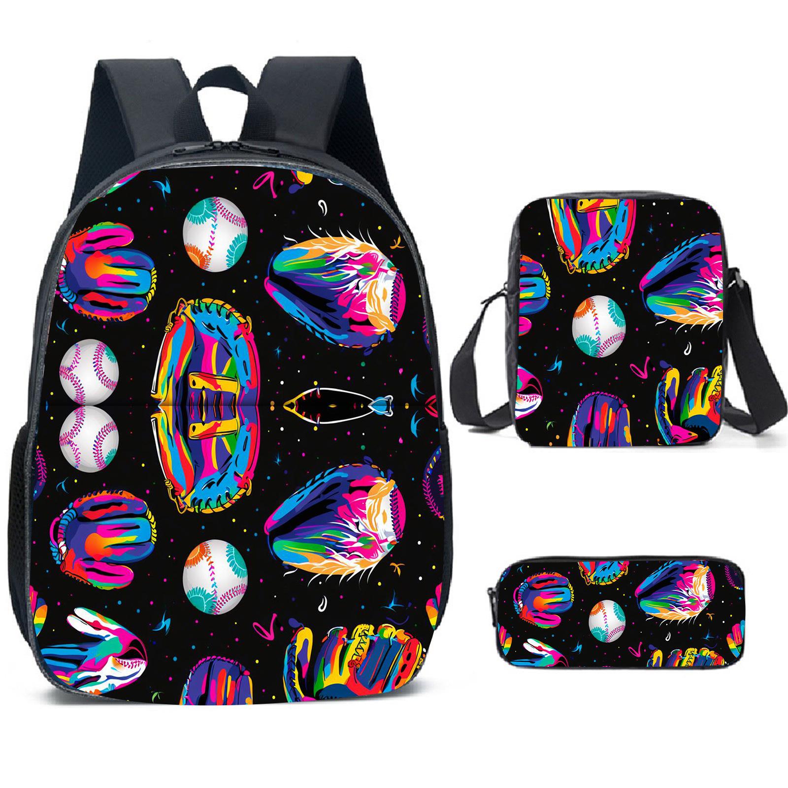 Baseball Pattern Student Schoolbag 16-Inch Backpack Satchel Bag Pencil Bag Three-Piece Set 16inch double layer blue backpack
