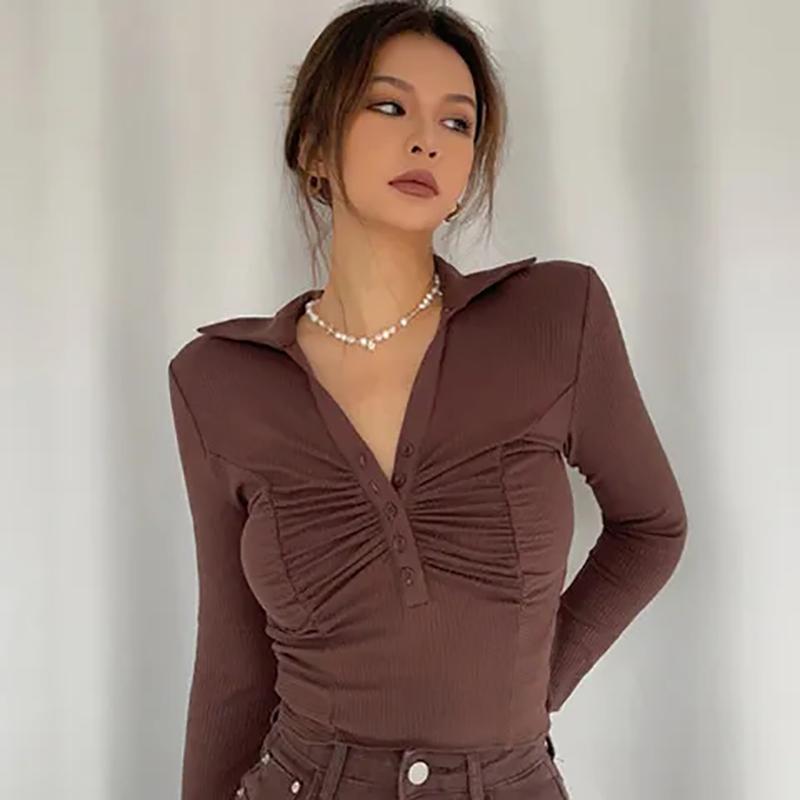 

Тонкие рубашки с отложным воротником, женские повседневные весенне-осенние однотонные рубашки с v-образным вырезом и пуговицами, винтажные эластичные клубные топы для девочек XL коричневый