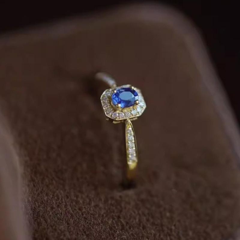 Elegant French Style Blue Zirconia Ring For Women Adjustable Geometric Design