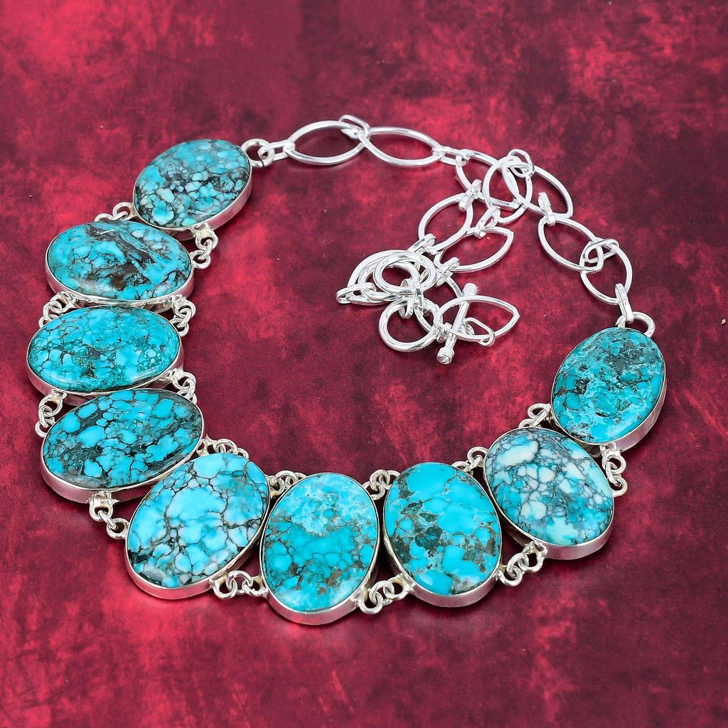 Blue Turquoise Handmade Gemstone Necklace, 925 Solid Sterling Silver Antique Jewelry Necklace, For Engagement Gift