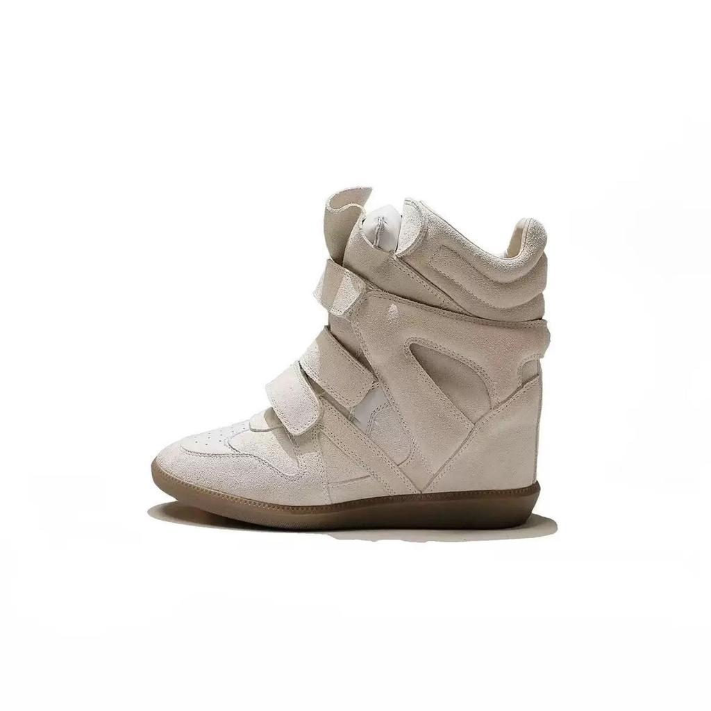 Style Invisible Inner Heightening Women'S Shoes 8Cm Slope Heel Velcro Sports Shoes Leather High Tube Color Matching Casual Shoes