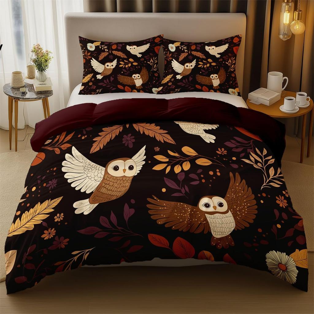 Cartoon Birds Owl Duvet Covers Single Size Printed Quilt Cover Set With Zipper,Microfiber Soft Breathable Reversible Bedding Set