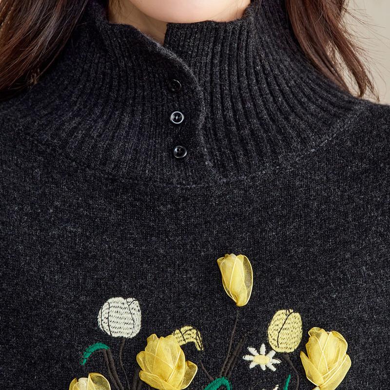 Women's 100% Wool Embroidered High-Neck Sweater