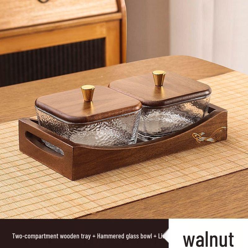 Luxury Glass Walnut Fruit & Snack Plate with Candy Compartments for Living Room Coffee Table