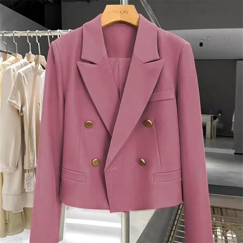 Blazers Cortos Ropa de Mujer Combinación Perfecta Chic Coreano Doble Botonadura Abrigo de Traje Ropa de Oficina para Señoras