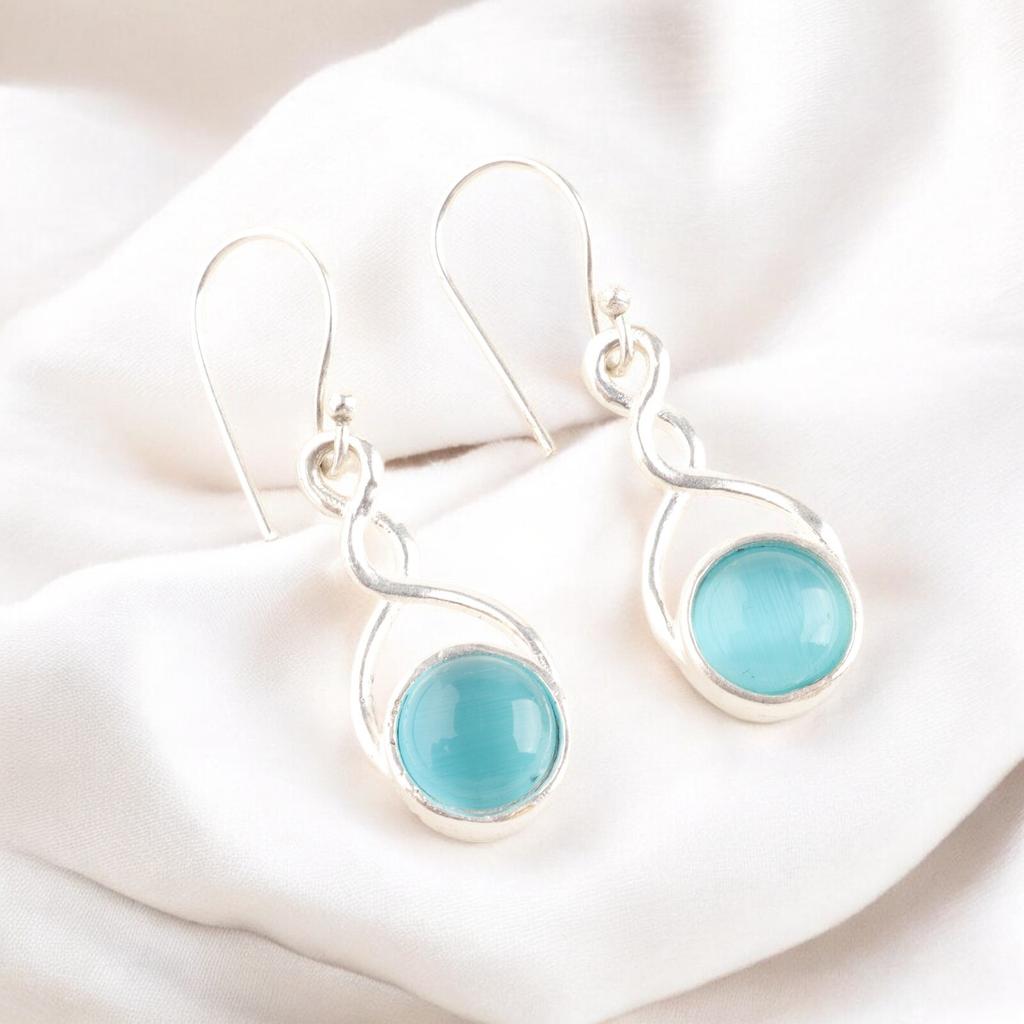 Attractive Blue Cat's Eye Gemstone 925 Sterling Silver Handmade Earrings 1.68" CE-15-43
