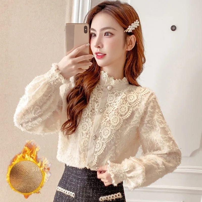 Lace Shirt for Women's Autumn and Winter, Semi-high-neck Loose Long-sleeved Stand-up Collar Shirt with Fleece and Thickening, Versatile Base Layer