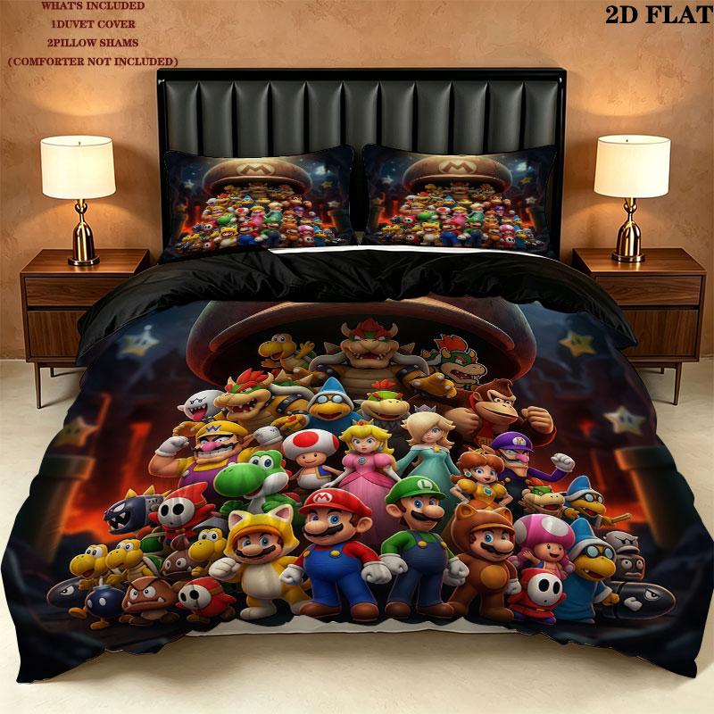 Super Mario Pattern Bedding Quilt Set Quilt Cover Pillowcase Home Birthday Gift(1 * duvet cover + 2 * pillowcase, without core)