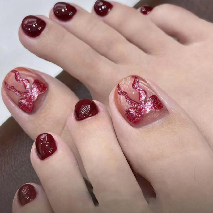 48Pcs Designs False Toe Nail Glossy Short Square Fake Toenails Full Cover Glues On Fake Toe Nail Press On Toenails