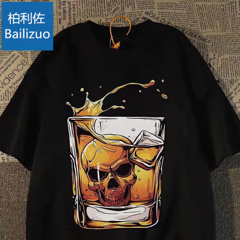 

American Retro Skull Print Thin Short-sleeved T-shirt for Men s Trendy Brand Autumn Round Neck 5XL чёрный