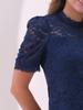 Allegra K Floral Lace Mock Puff Short Elegant Lace Dark Size S Women's Top, Neck, Sleeves, Sleeves, Dressy, Blouse, Blue,