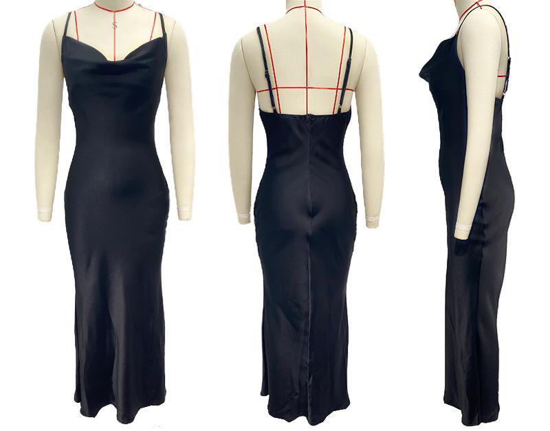 Women's Urban Fashion Solid Color Dress with Deep V-neck, Slim Fit, and Spaghetti Straps for Spring/Summer 2024.