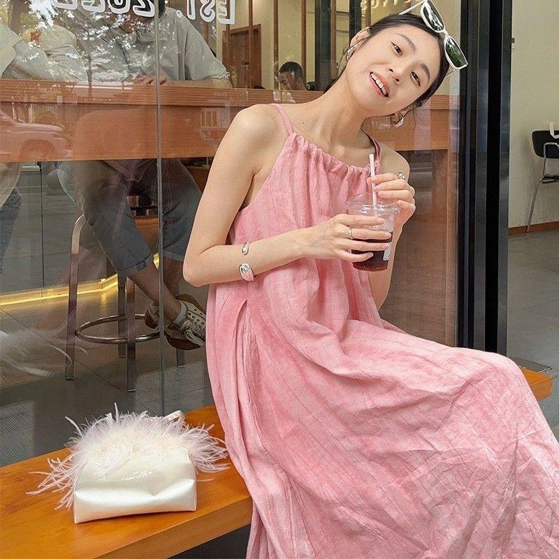 Pink suspender long dress women's summer new seaside vacation beach dress neck design niche skirt