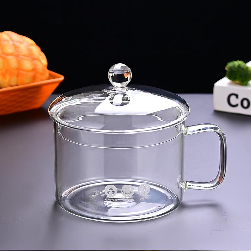 Transparenter Glastopf mit großem Fassungsvermögen, verdickter temperaturbeständiger doppelohriger Instant-Nudeltopf mit Deckel, kann mit offener Flamme erhitzt werden, Gesundheitstopf