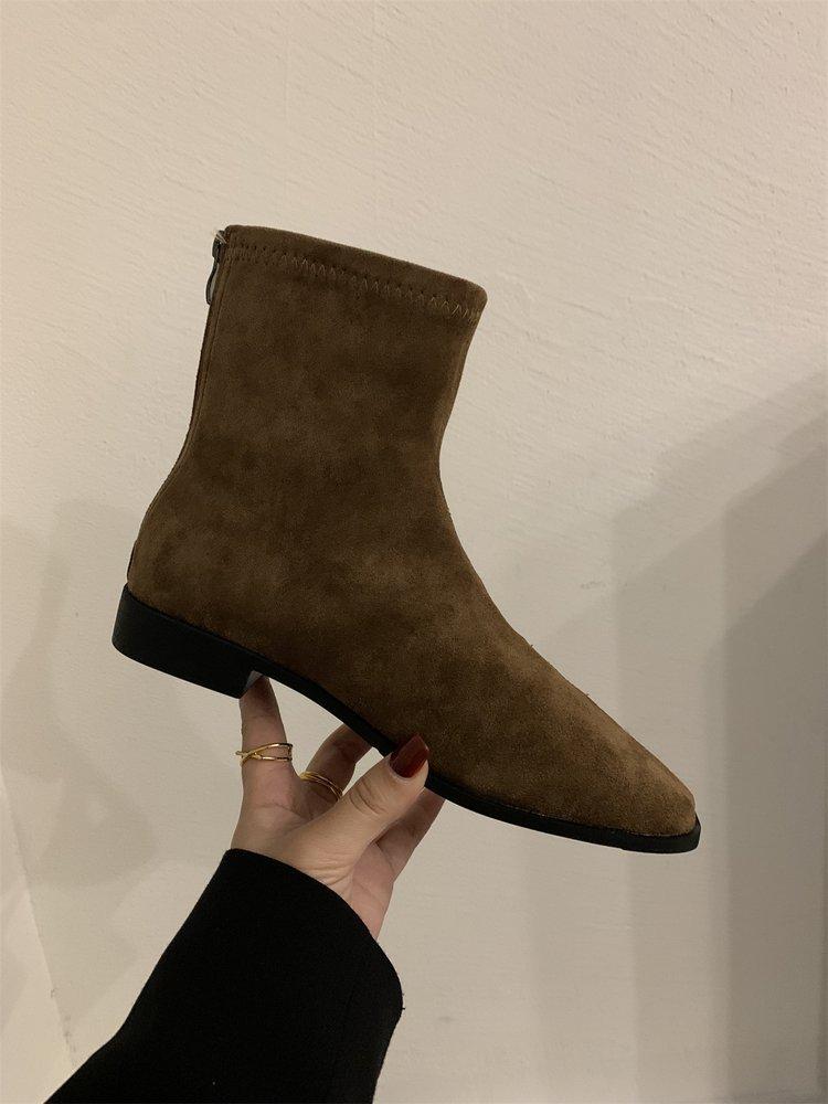 Grape mother studiolee Korean retro square head suede versatile thick heel heightening thin short boots women's autumn and winter