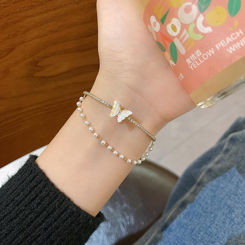 Korean Double-layer Color Butterfly Bracelet Women's Ins Wind Pearl Bracelet Niche Temperament Jewelry