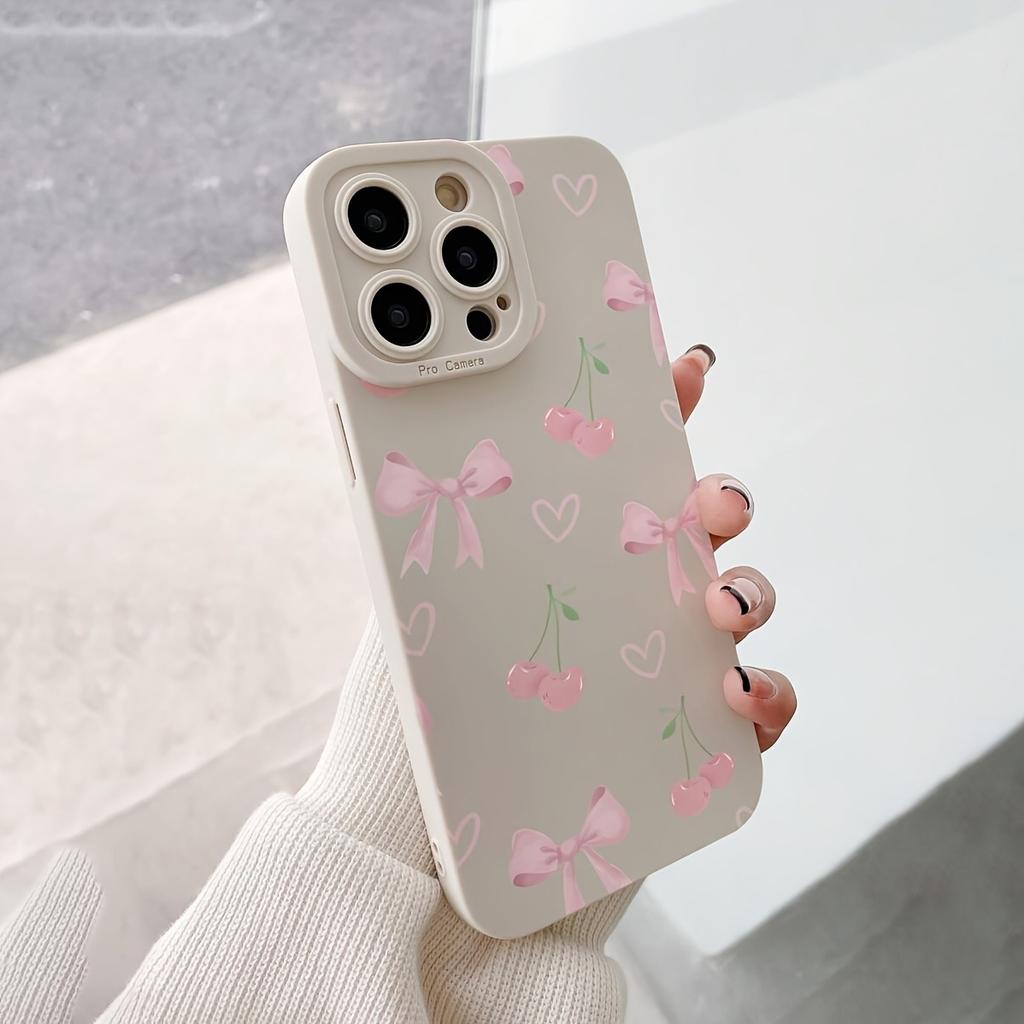 An Ivory White Phone Case with a Bow, Heart, and Cherry Design, Suitable for iPhone 17, 16, 15, Plus, Pro, Max Series Phones - Ideal for Gifting