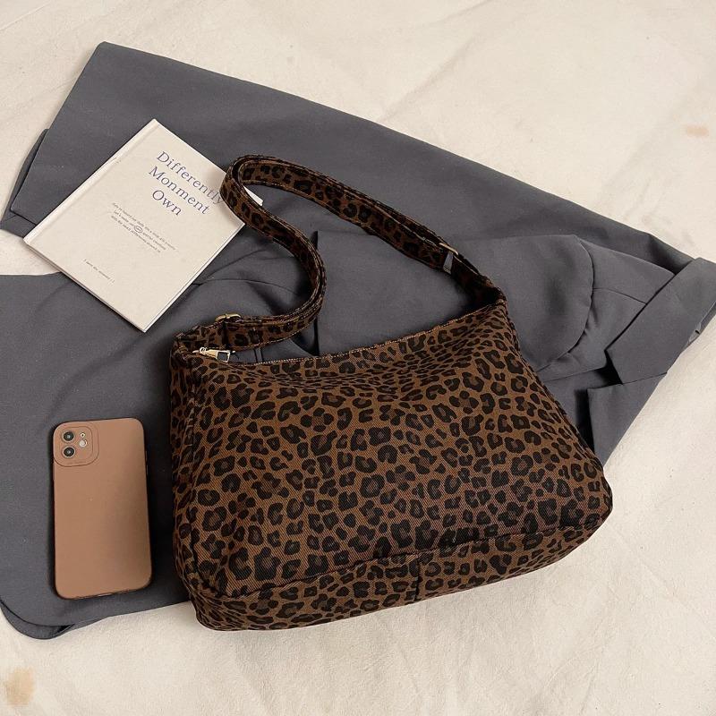 Trendy Casual Soft Textile Women's Shoulder Bag Large Capacity Leopard Print Female Retro Crossbody Bag for Commute Outings