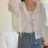 Summer Loose Single Breasted Striped Short Sleeved Sunscreen Hooded Light Blue Shirt Jacket for Women