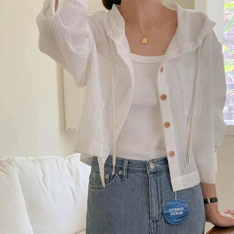 Summer Loose Single Breasted Striped Short Sleeved Sunscreen Hooded Light Blue Shirt Jacket for Women