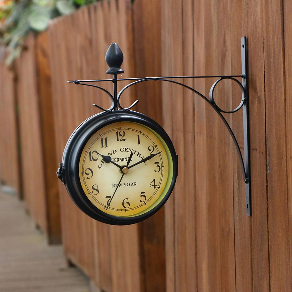 Clock Wall Retro Double Decor Sided Hanging Clocks Vintage Iron Home Outdoor Round Station Large Rustic Garden