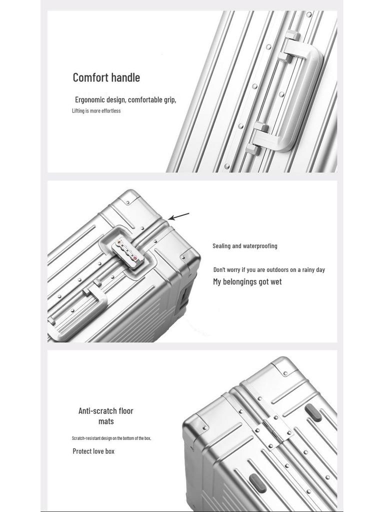 Aluminum-Magnesium Alloy Suitcase with Aluminum Frame, Universal Wheels, Combination Lock - 24" Carry-On for Students & Men's Business Travel.