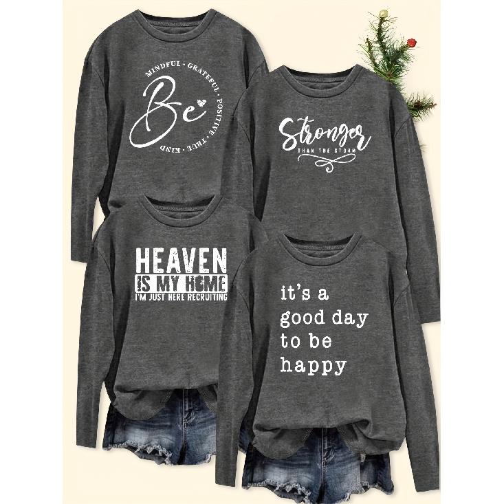 Women's Elegant Style Love Letter Combination Print Pattern Casual Round Neck Long Sleeve for Spring, Summer, Autumn, and Winter4Pieces T