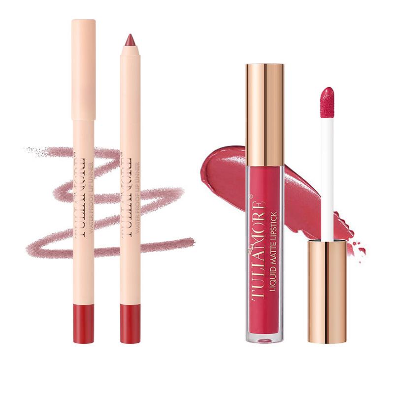 Dimshow Liquid Lip Gloss Lipliner Pencil Combination Durable Easy Makeup Matte Lipstick Velvet Lipliner Don'T Take Off Makeup