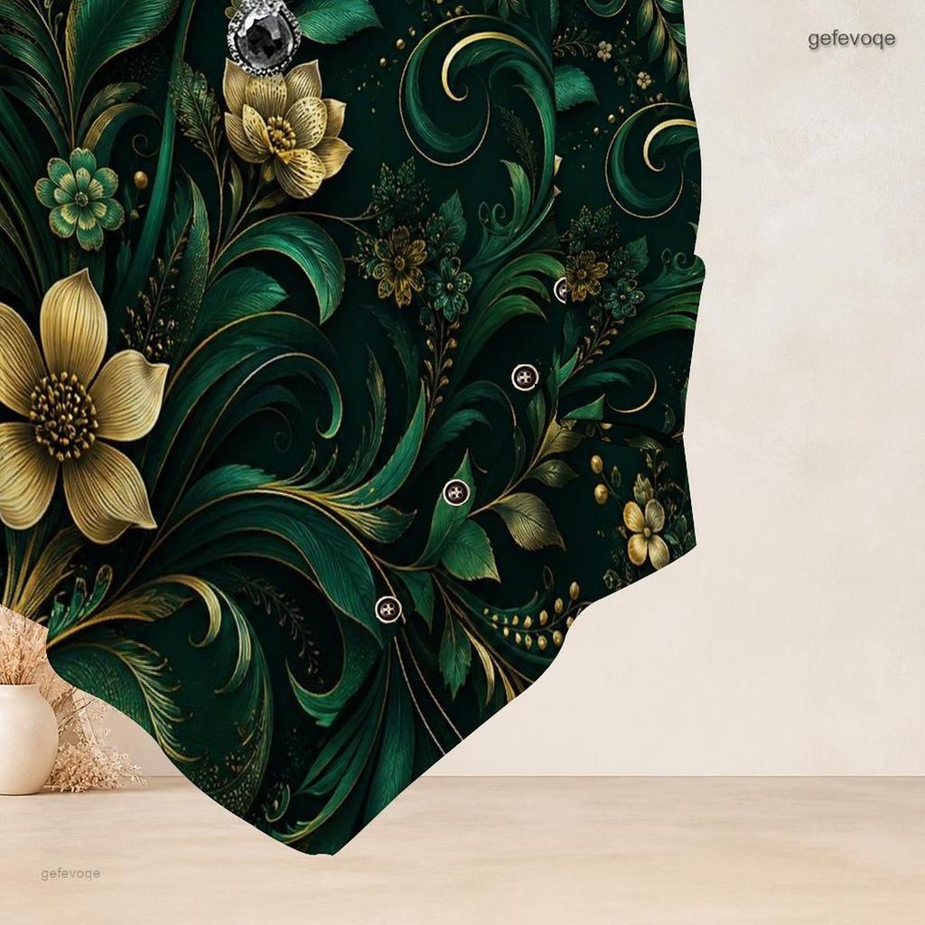Women Plus Size Round Neck Long Sleeve T Shirt Dark Green Gold Floral Printed Asymmetric Hem Button Detail