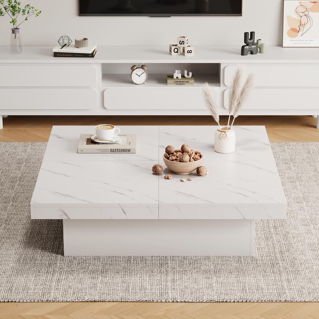 Couchtisch Moderner Ausziehbar, kreativer Sofatisch Kaffeetisch verstecktem Ablagefach, Mitteltisch Wohnzimmer Büro Schlafzimmer, Marmor-Optik