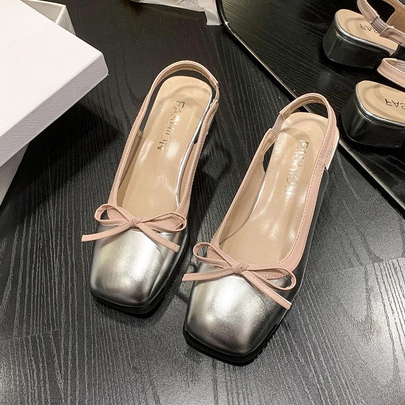 Square Head, Shallow Mouth, Empty Bag Head, Mary Jane Sandals, Women's Bow Single Shoes, Summer New Sweet Low-heeled Shoes