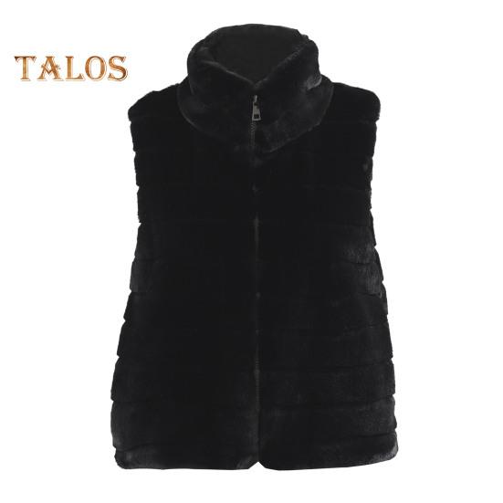 Women Vest Coat Faux Fur Stand Collar Zip-up Cardigan Sleeveless Solid Color Cozy Keep Warm Outerwear Daily Wear School Waistcoat