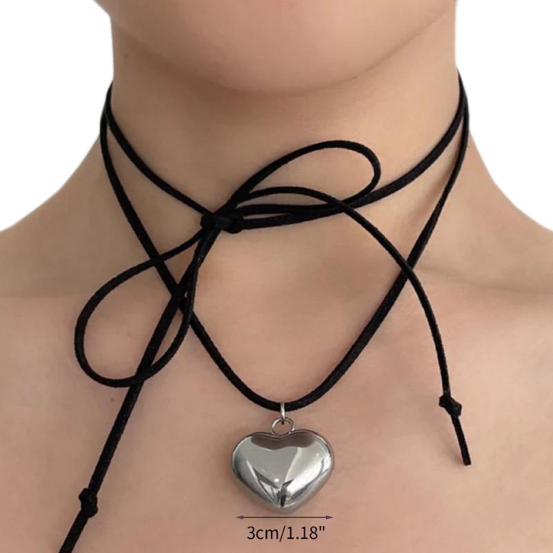 Goth Wax Rope Big Heart Pendant Choker Necklace for Women Elegant Weave Knotted Bowknot Drawing Adjustable Chain Jewelry