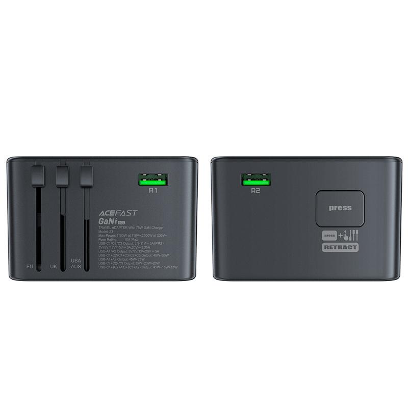 Acefast Z1 GaN 75W Fast Charging Travel Adapter - 3x USB-C & 2x USB-A - Black
