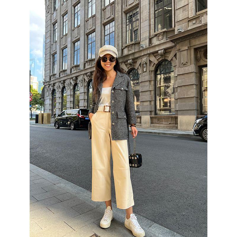 

Blacknini/Овчина класса А С высокой талией Повседневные Укороченные Белые Кожаные Брюки White XS