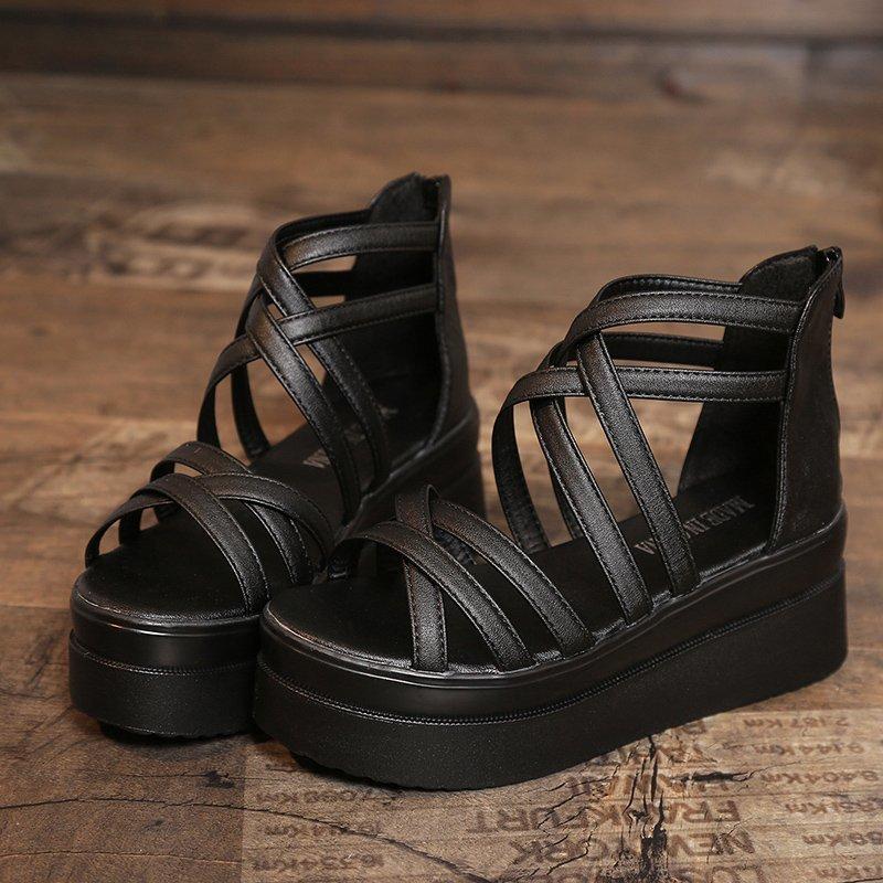 Summer new Korean version of student muffin women's shoes thick-soled medium-heeled flat-soled women's sandals open-toed roots casual Roman shoes