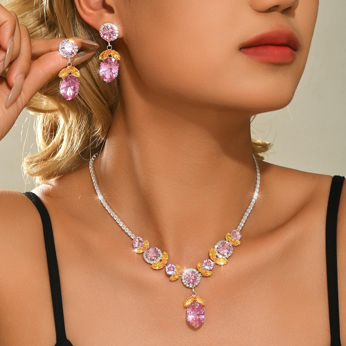 Pink Orange Gradient Color Clash Treasure Necklace Earrings 2 Pieces Sunset Peach Pink Orange Clash Bridal Toast Gentle Jewelry