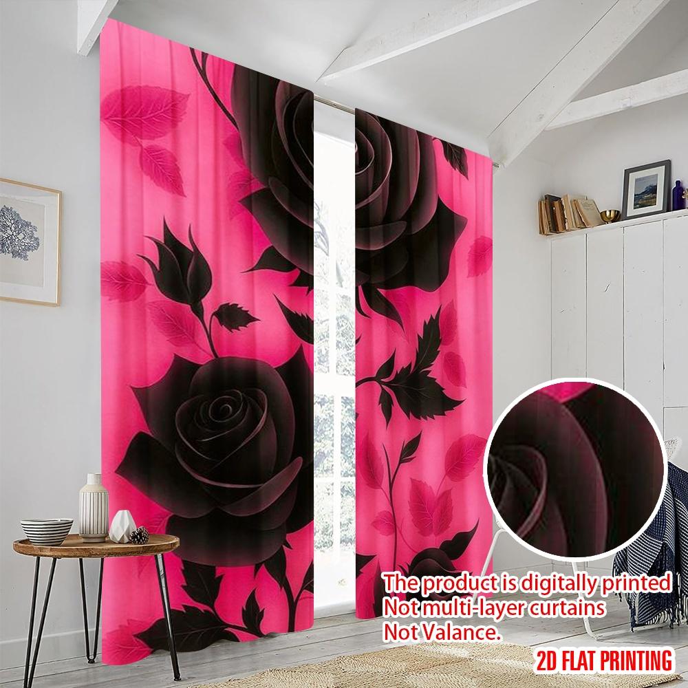 2pcs,2D Plane Printing Popular Curtains Dark Blooming Roses Versatile Fabric (without Rod) Festive for Bedroom Living Room Study