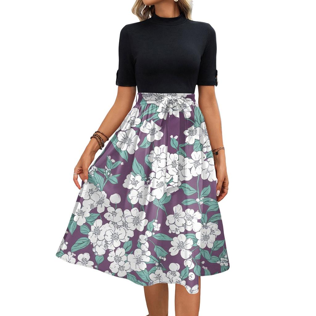 Women's Fashion Casual Belt Short Sleeve Round Neck Floral Elegant Temperament Dress