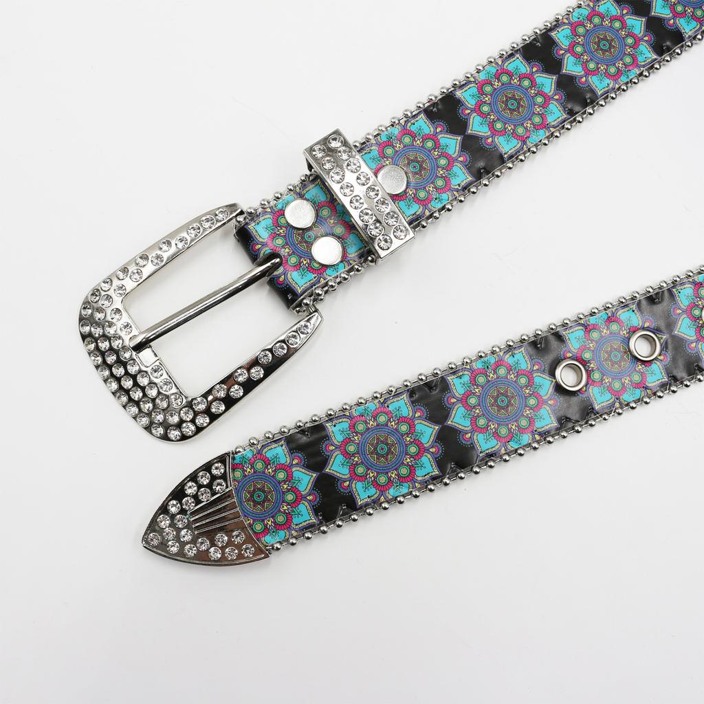 Design Rhinestone Belt Mandala Ethnic Style Print Niche Fashion Belt Punk Style Trend