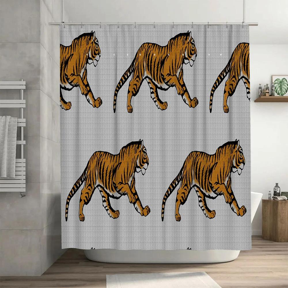 Animal Tiger Print Shower Curtain Fabric Waterproof Bathroom Decor for Home Decoration Yellow White Stripes Pattern Size: 72x84