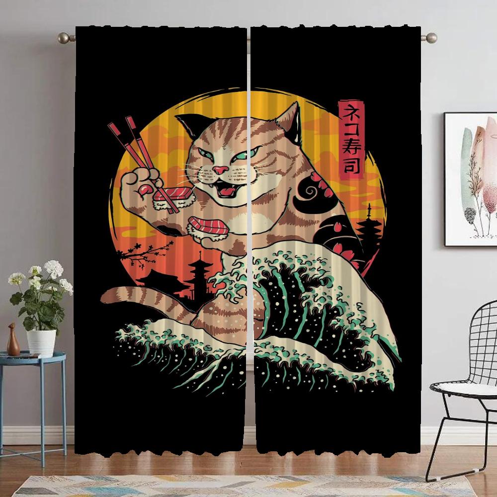 Kitchen Curtains for Camera Sushi Cat Home Interior Curtains for Living Room Halloween Decoration Blackout Curtain Partition
