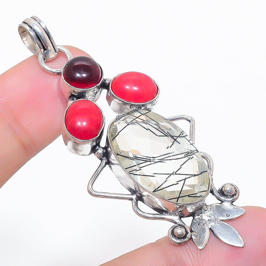 

Натуральный черный рутил, коралловый кулон из серебра 925 пробы 2,56 H1V58