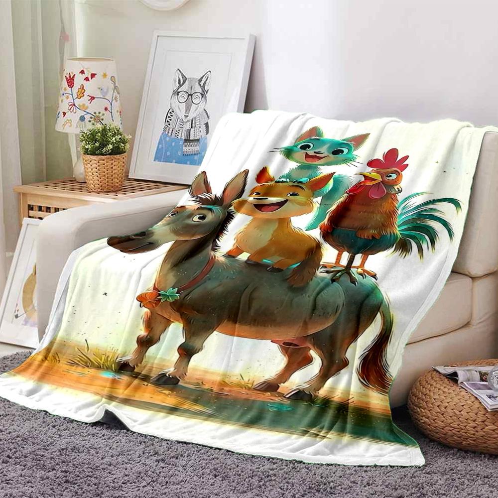 Fairy Tale Stacked Animals Musician Cartoon Print Flannel Throw Blanket Soft Warm Blanket for Sofa Bed Home Decor