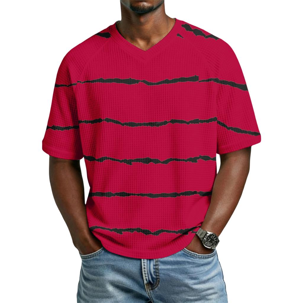 Men's Casual Stylish Striped Texture Printed Short-sleeved Shirt Men's Breathable V-neck Short-sleeved Top