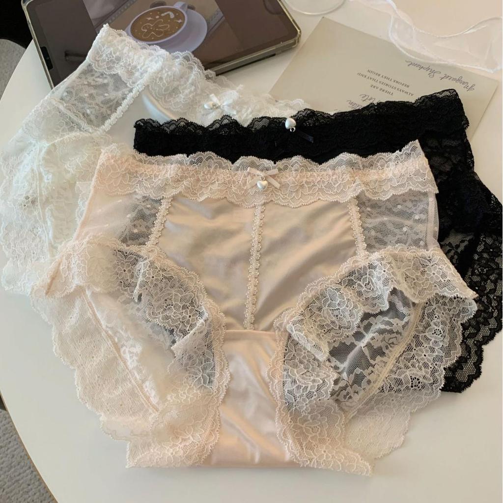 Flower Shadow Mist Veil 2.0: Japanese-Style Sexy Satin Lace Panties, Mid-High Waist, Cotton Crotch, Triangle Briefs for Women