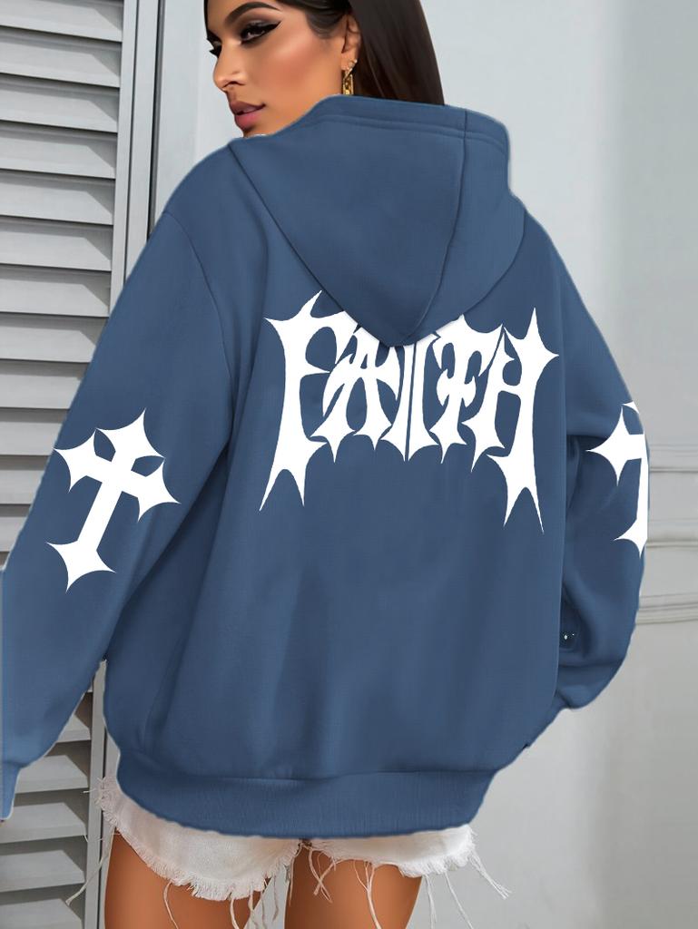 Kreatives Glaubenskunst Briefdruck Kapuzenpullover Damen Hip Hop Herbst Kapuzenpullover Tasche Fleece Kleidung Y2K All-Match Lässiger Damen Kapuzenpullover