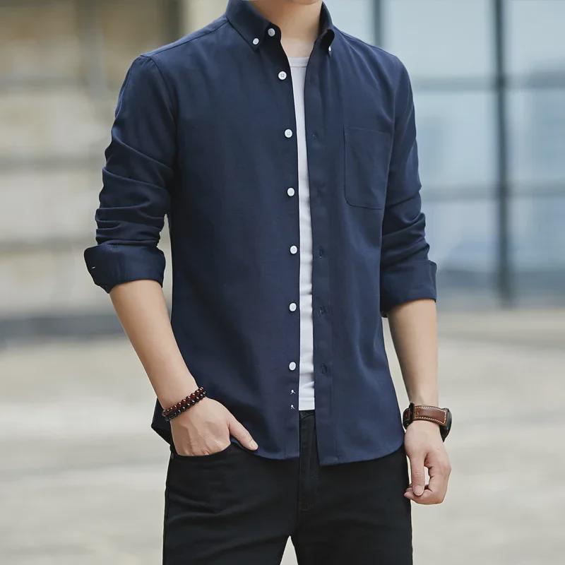 "2021 Oxford Long Sleeve Men's Korean Slim Shirt: Stylish Casual Wear for All Ages"