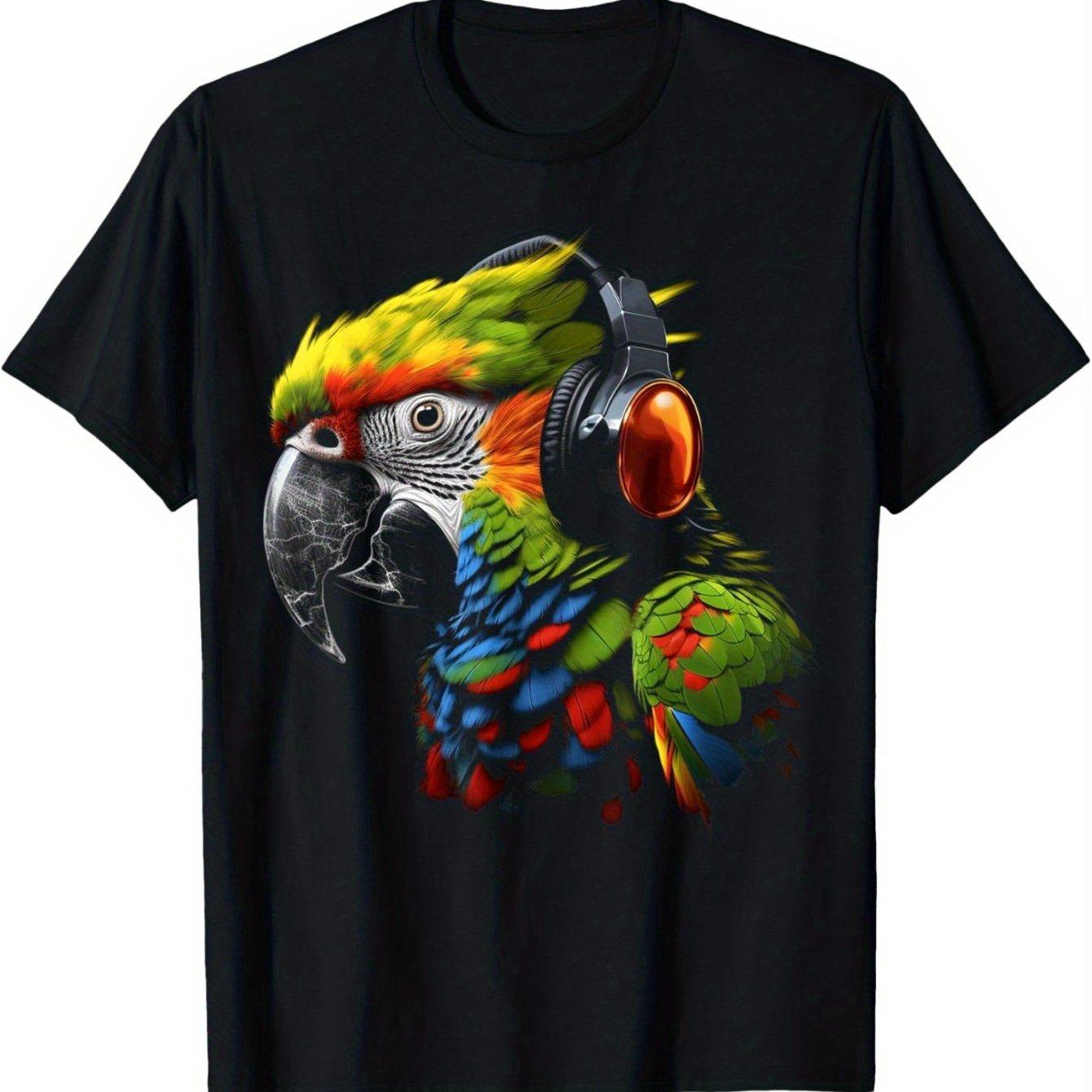 Наушники Попугай Любитель Музыки DJ Тропическая Птица Графическая Футболка Повседневная Ежедневная Хлопковая Футболка S