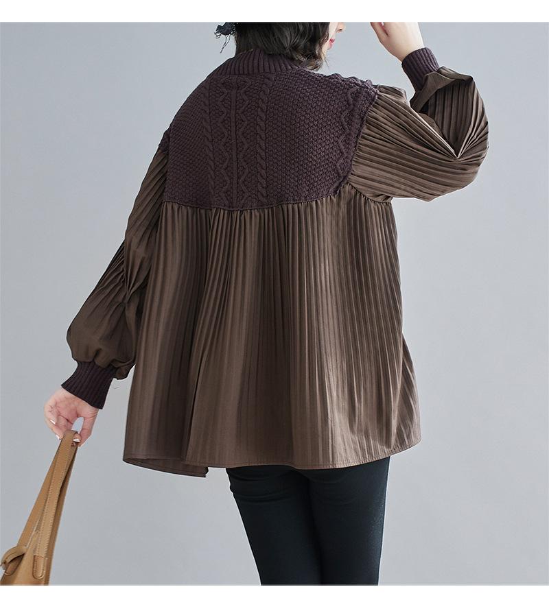 Plus Size Women Lantern Sleeve Pleated Patchwork Sweater Spring Autumn Loose Casual Knitted V-neck Shirt Oversized Tops